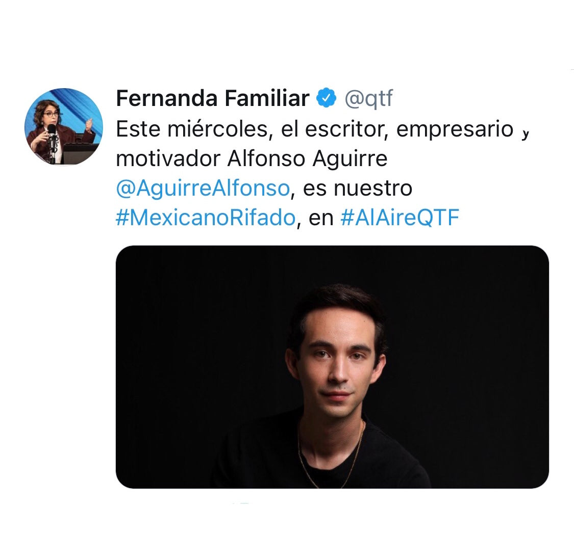 @aguirrealfonso @fqtf El escritor, empresario y motivador Alfonso Aguirre es nuestro mexicano rifado. Al aire en Qué Tal Fernanda en Imagen Radio. @Fernanda Familiar